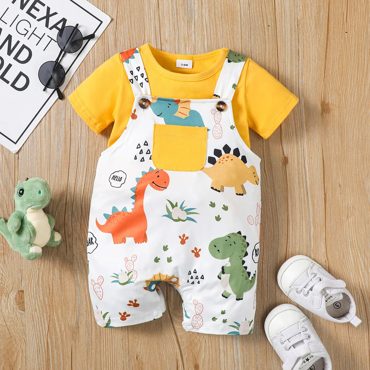 2pcs Baby Boy Short-sleeve Solid Tee and Allover Dinosaur Print Overall ...