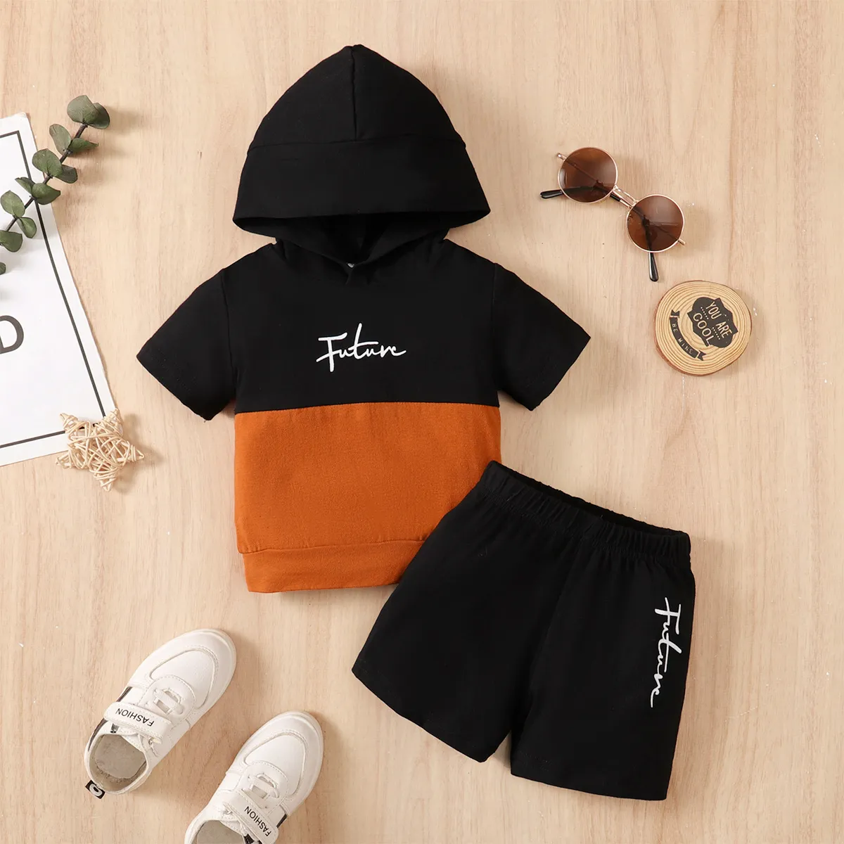 2pcs Baby Boy 95% Cotton Letter Print Two Tone Hoodie & Shorts Set  big image 1