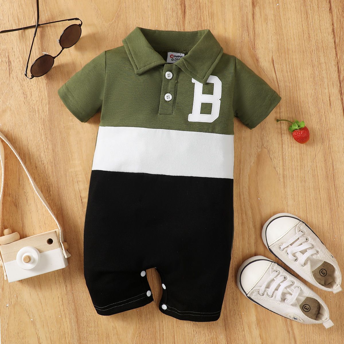 

Baby Boy Letter Print Color Block Polo Neck Jumpsuit