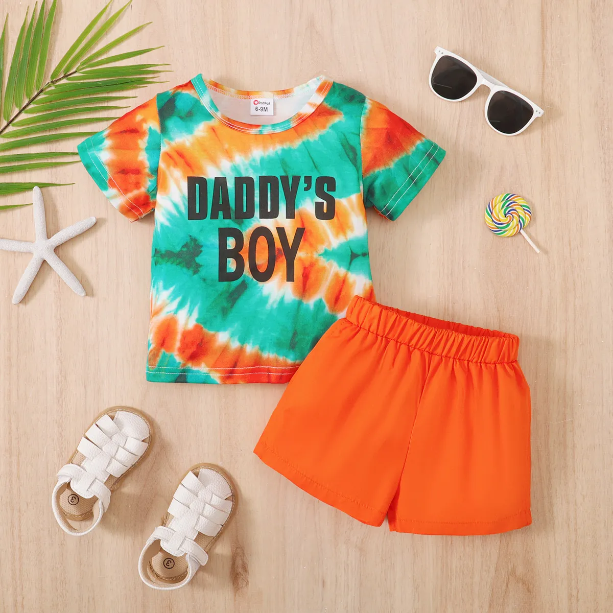 2pcs Baby Boy Letter Print Tie Dye Short-sleeve Tee and 100% Cotton Solid Shorts Set  big image 1
