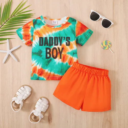 2pcs Baby Boy Letter Print Tie Dye Short-sleeve Tee and 100% Cotton Solid Shorts Set