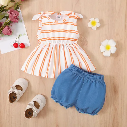 2pcs Baby Girl Stripe Knot Shoulder Tank Top and Solid Shorts Set