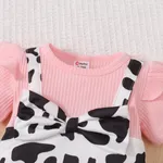 2pcs Baby Girl 95% Cotton Ribbed Ruffle Allover Cow Pattern Bow Decor Strappy Short-sleeve One-piece Jumpsuit & Headband Set  image 4