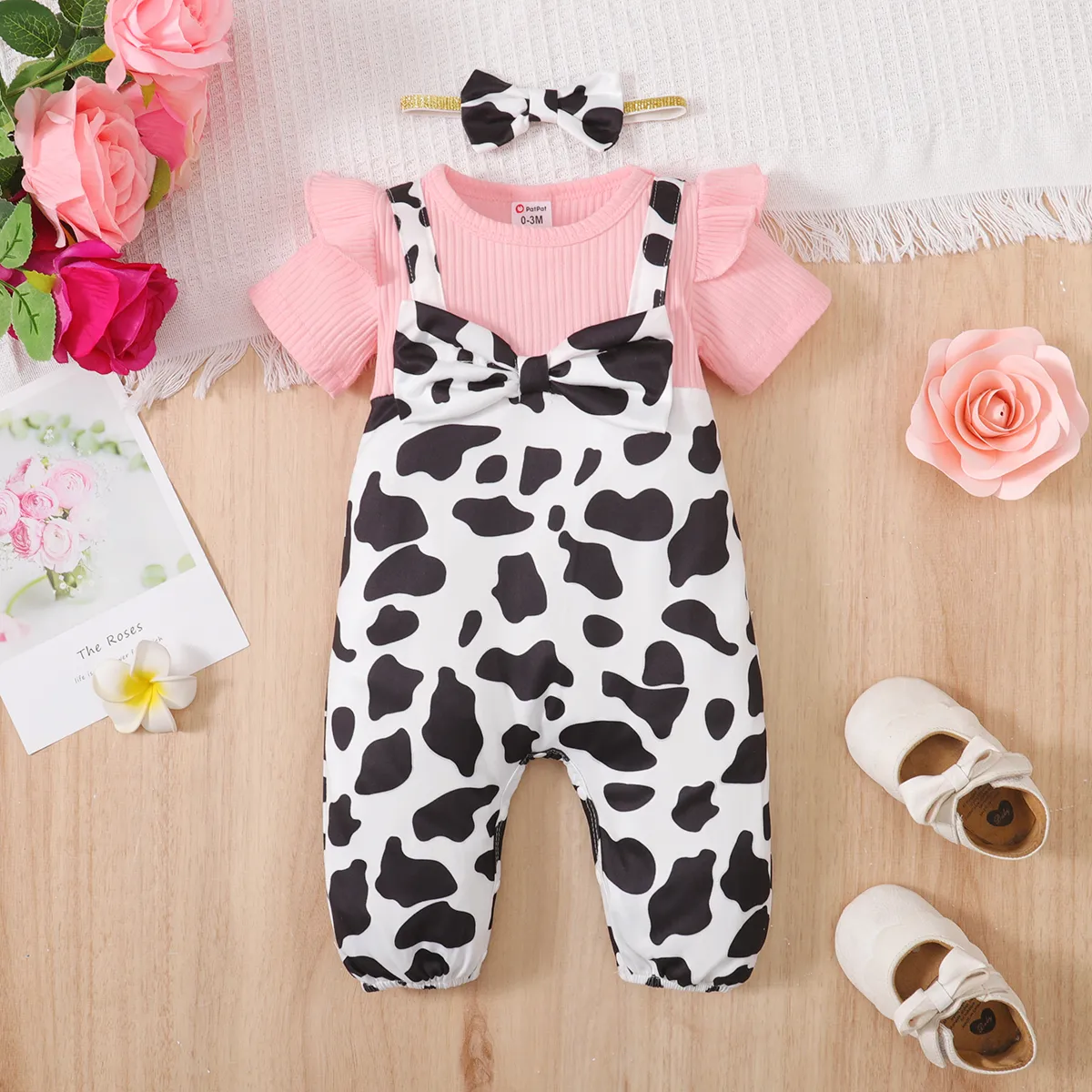 2pcs Baby Girl 95% Cotton Ribbed Ruffle Allover Cow Pattern Bow Decor Strappy Short-sleeve One-piece Jumpsuit & Headband Set Pink image 2
