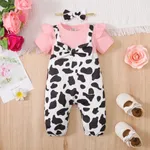 2pcs Baby Girl 95% Cotton Ribbed Ruffle Allover Cow Pattern Bow Decor Strappy Short-sleeve One-piece Jumpsuit & Headband Set  image 2