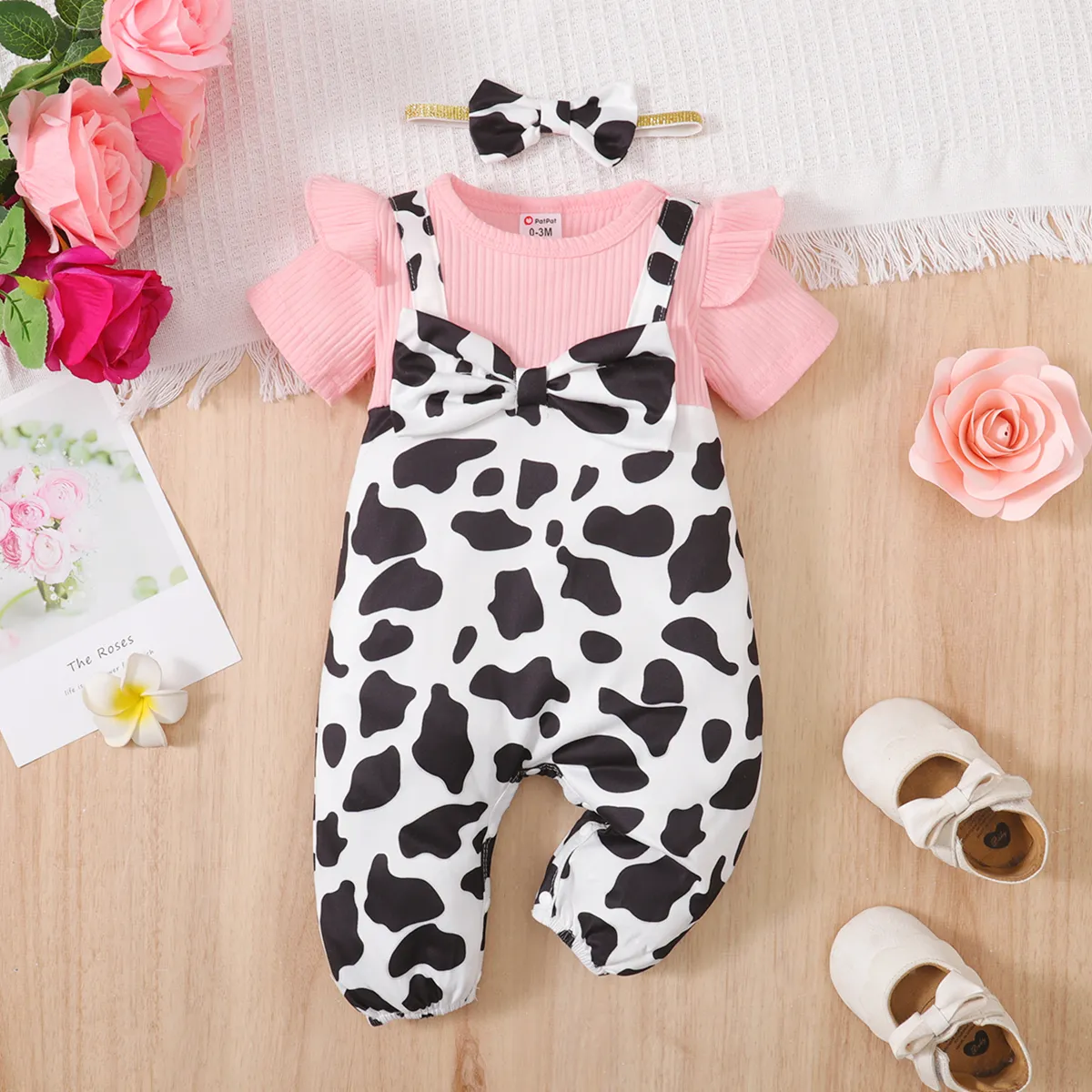 

2pcs Baby Girl 95% Cotton Ribbed Ruffle Allover Cow Pattern Bow Decor Strappy Short-sleeve One-piece Jumpsuit & Headband Set