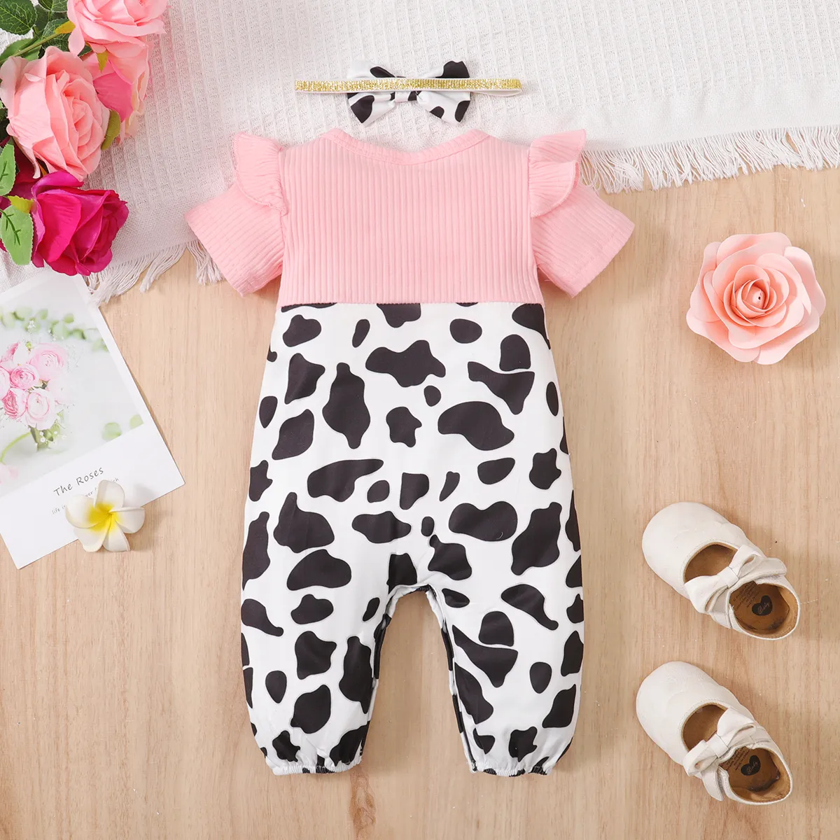 2pcs Baby Girl 95% Cotton Ribbed Ruffle Allover Cow Pattern Bow Decor Strappy Short-sleeve One-piece Jumpsuit & Headband Set Pink image 3