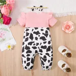 2pcs Baby Girl 95% Cotton Ribbed Ruffle Allover Cow Pattern Bow Decor Strappy Short-sleeve One-piece Jumpsuit & Headband Set  image 3