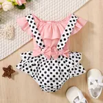 2pcs Baby Girl 100% Cotton Bow Decor Ruffled Solid Sleeveless Top and 100% Cotton Polka Dots Print Ruffled Suspender Shorts Set  image 2