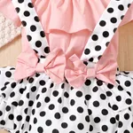 2pcs Baby Girl 100% Cotton Bow Decor Ruffled Solid Sleeveless Top and 100% Cotton Polka Dots Print Ruffled Suspender Shorts Set  image 4