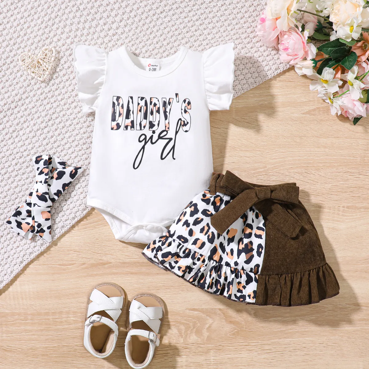 3pcs Baby Girl 95% Cotton Leopard Letter Print Flutter-sleeve Bodysuit & Belted Skirt & Bow Headband Set