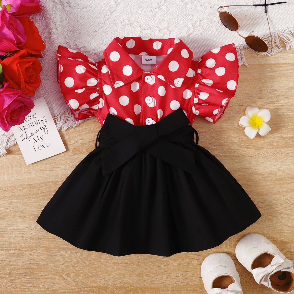 Baby Girl Polka Dots Front Buttons Lapel Collar Ruffle Sleeve Dress