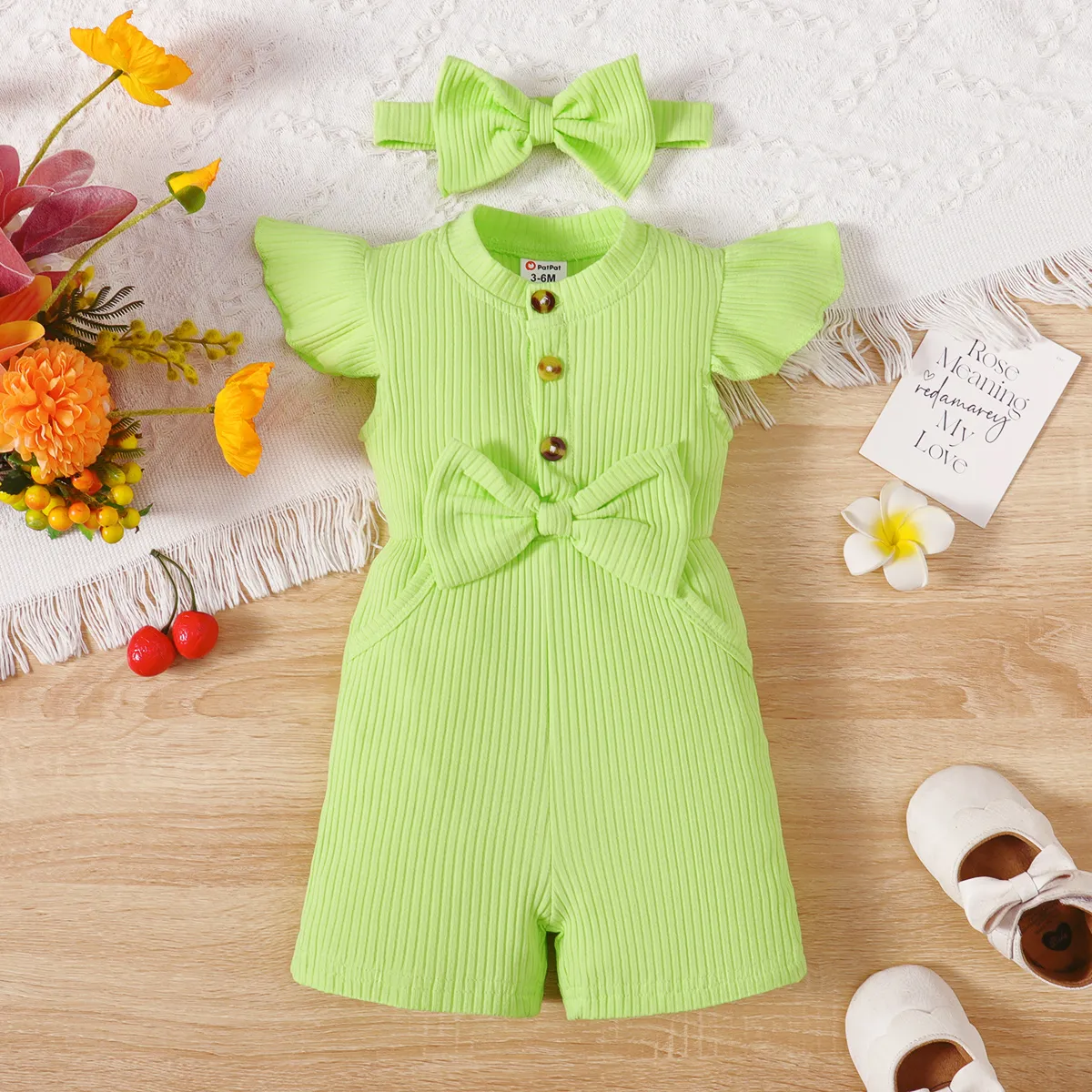 2pcs Baby Girl 95% Cotton Bow Front Flutter-sleeve Rib-knit Jumpsuit With Headband