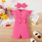 2pcs Baby Girl 95% Cotton Bow Front Flutter-sleeve Rib-knit Jumpsuit with Headband Hot Pink