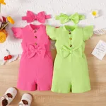 2pcs Baby Girl 95% Cotton Bow Front Flutter-sleeve Rib-knit Jumpsuit with Headband  image 3