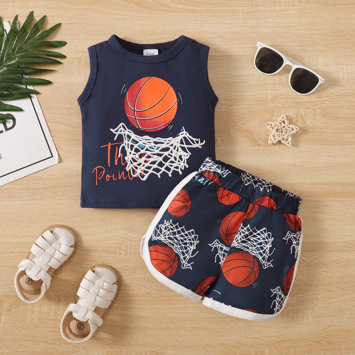 

2pcs Baby Boy 95% Cotton Basketball Print Tank Top and Shorts Set