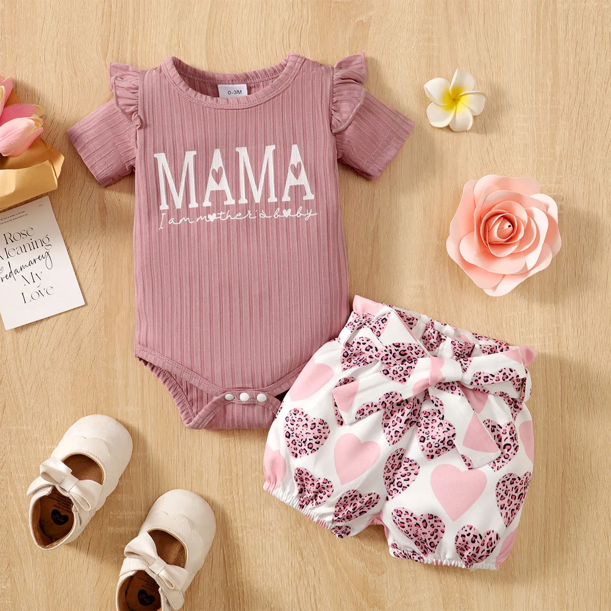 

2pcs Baby Girl Letters Print Ribbed Ruffle Short-sleeve Romper and Allover Heart Print Belted Shorts Set