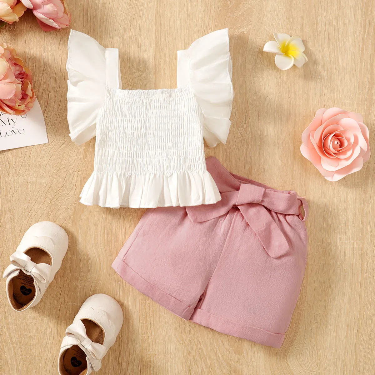 2pcs Baby Girl 100% Cotton Smocked Ruffle Solid Top and Belted Shorts Set  big image 1
