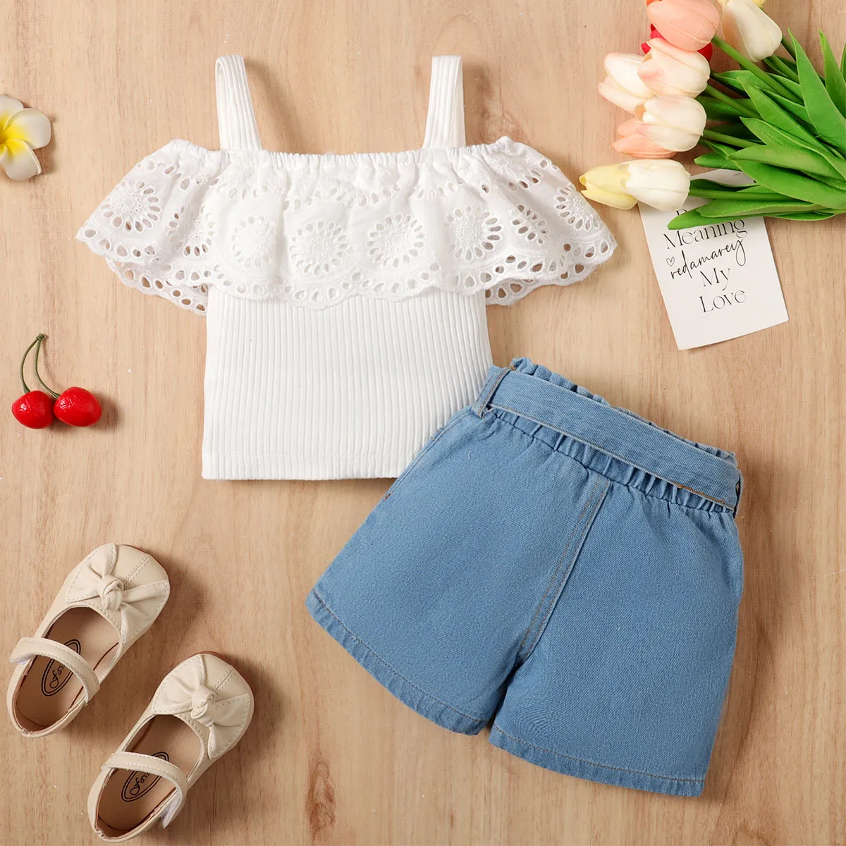 2pcs Baby Girl 95% Cotton Ruffled Cami Top and Belted Denim Shorts Set White big image 1