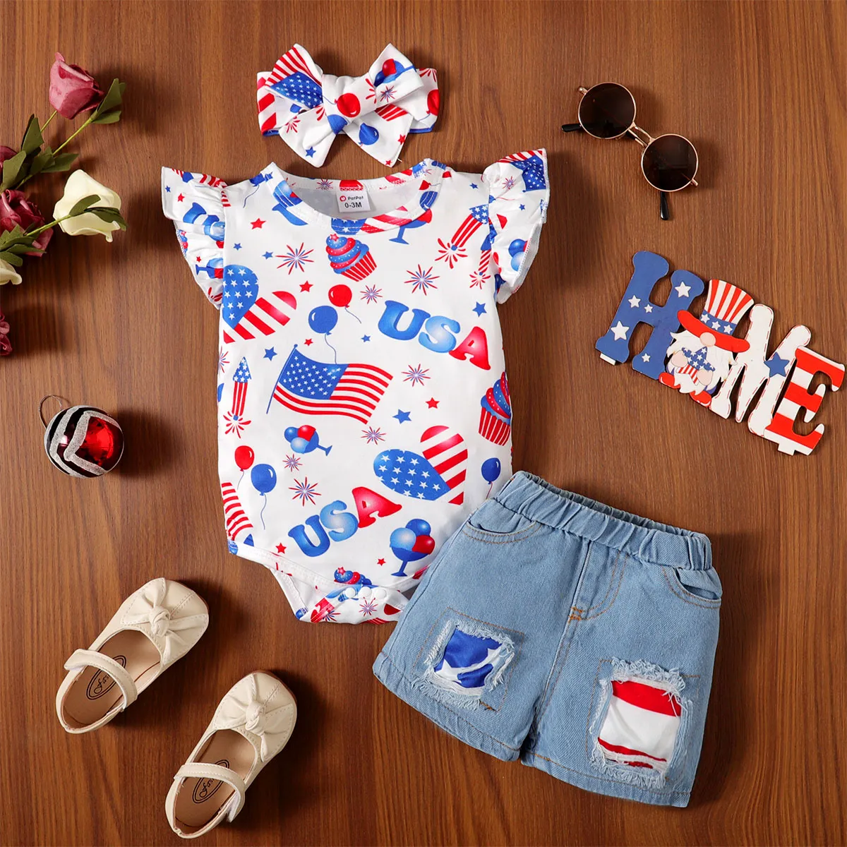 Independence Day 3pcs Baby Girl Flutter-sleeve Bodysuit & Ripped Denim Shorts & Headband Set
