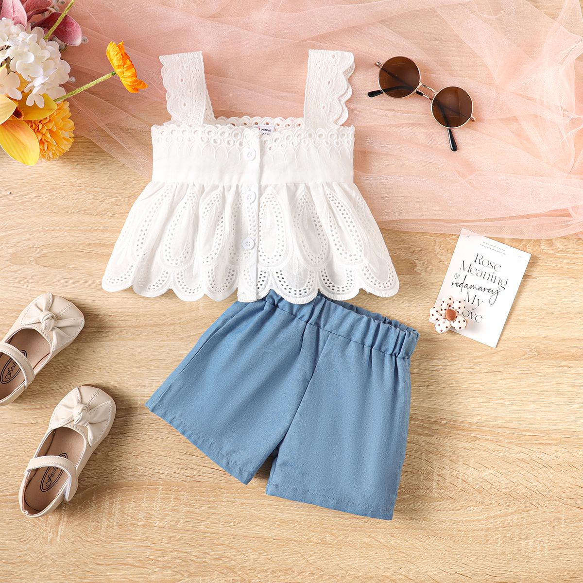 2pcs Baby Girl 100% Cotton Schiffy Cami Top And Solid Shorts Set