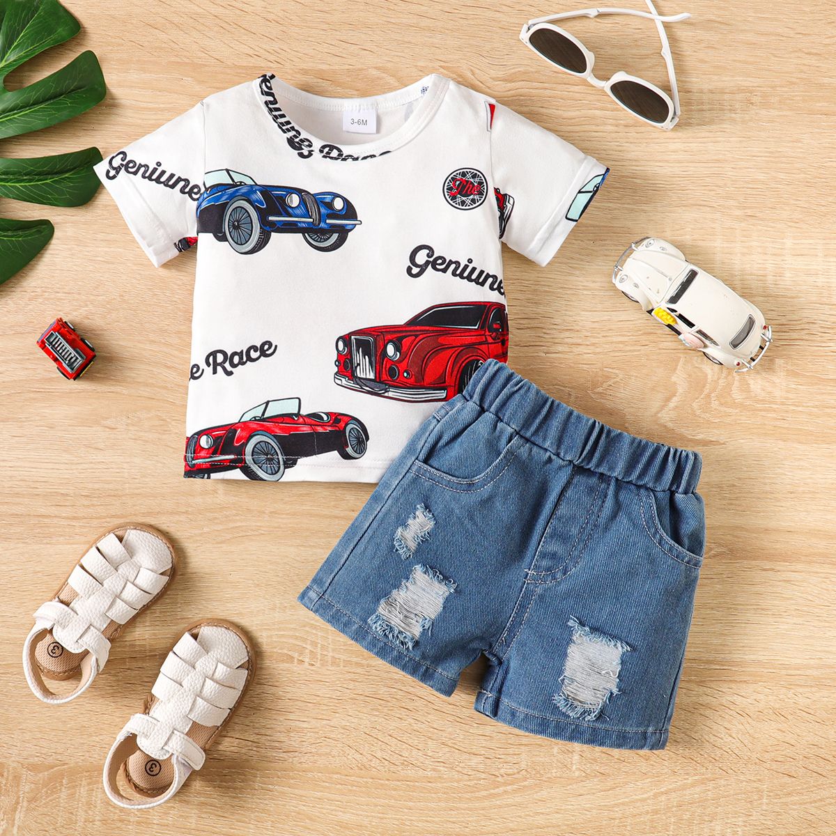 2pcs Baby Boy Car Letter Print Short-sleeve Tee and Ripped Denim Shorts Set