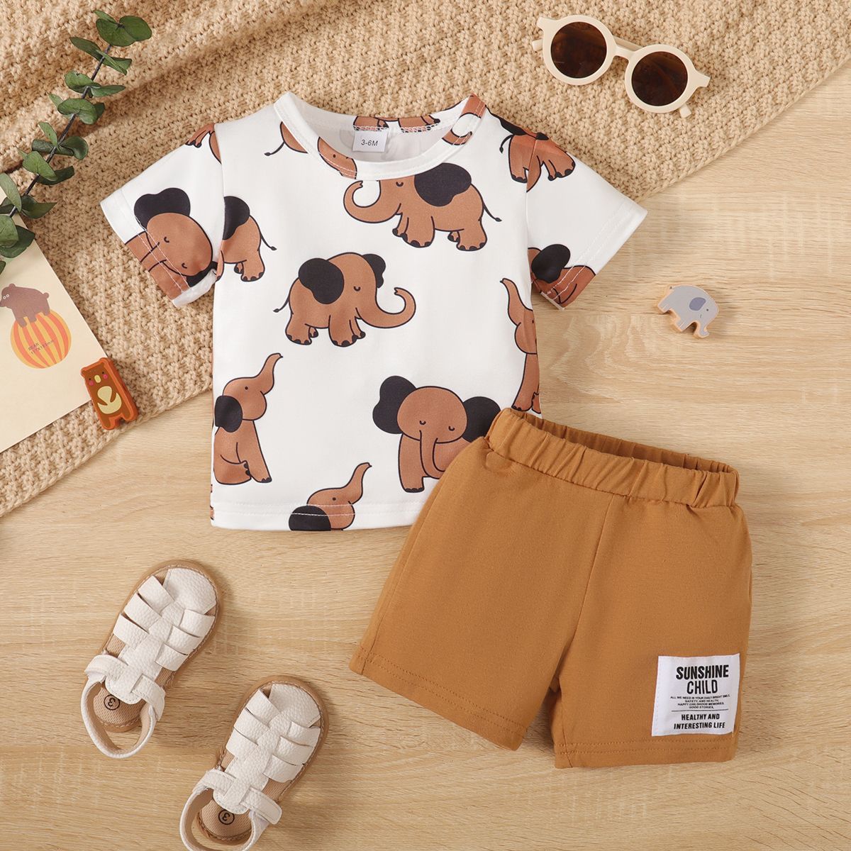 

2pcs Baby Boy Allover Elephant Print Short-sleeve Top and 95% Cotton Shorts Set