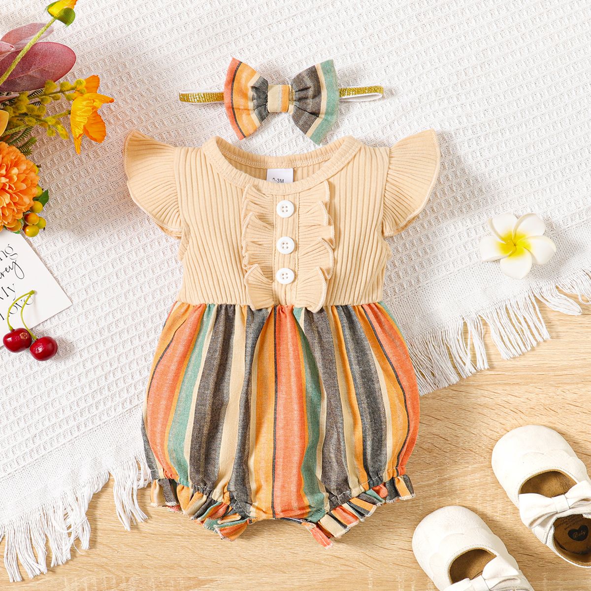 2pcs Baby Girl Striped Panel Rib-knit Flutter-sleeve Romper with Bow Headband