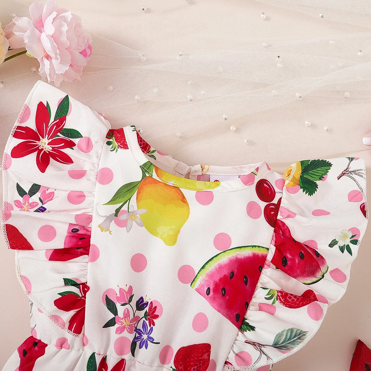 Baby Girl Allover Fruit Polka Dots Print Ruffle Romper   image 3