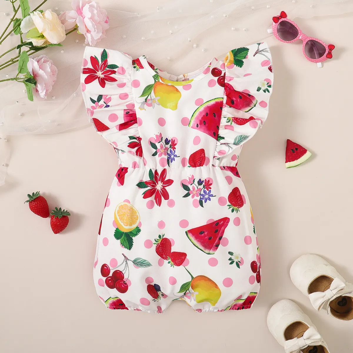 Baby Girl Allover Fruit Polka Dots Print Ruffle Romper   big image 1