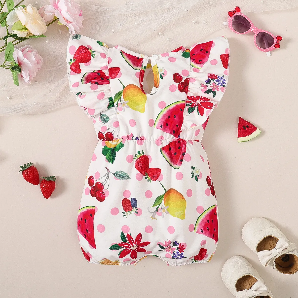Baby Girl Allover Fruit Polka Dots Print Ruffle Romper   image 2