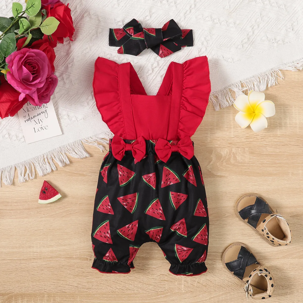 2pcs Baby Girl Bow Decor Watermelon Print Panel Ruffled Romper with Headband Set Red image 5