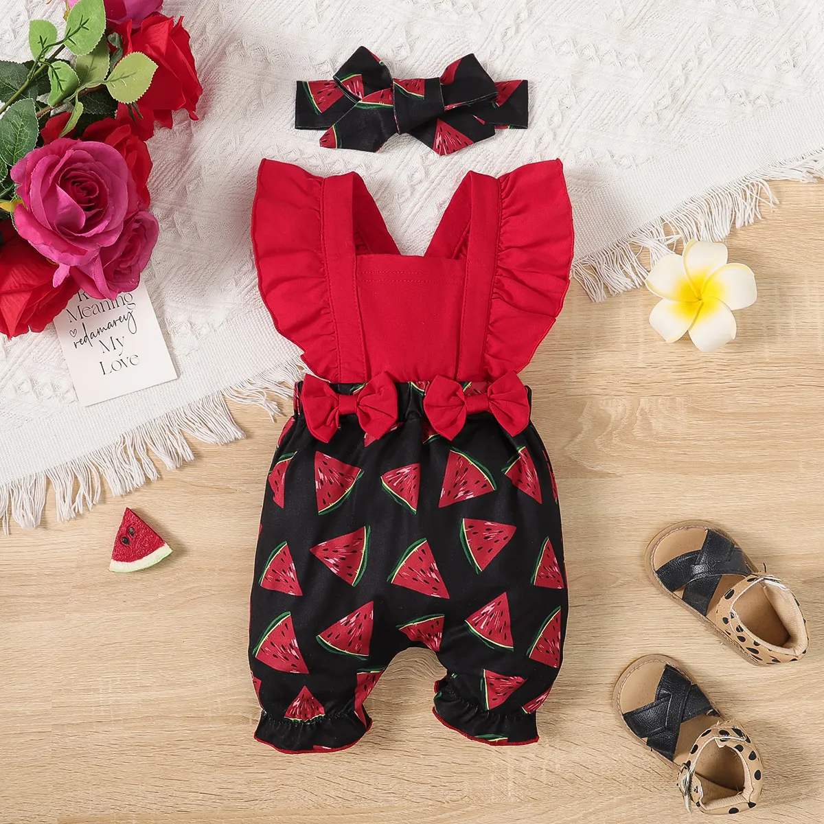 2pcs Baby Girl Bow Decor Watermelon Print Panel Ruffled Romper with Headband Set Red big image 1