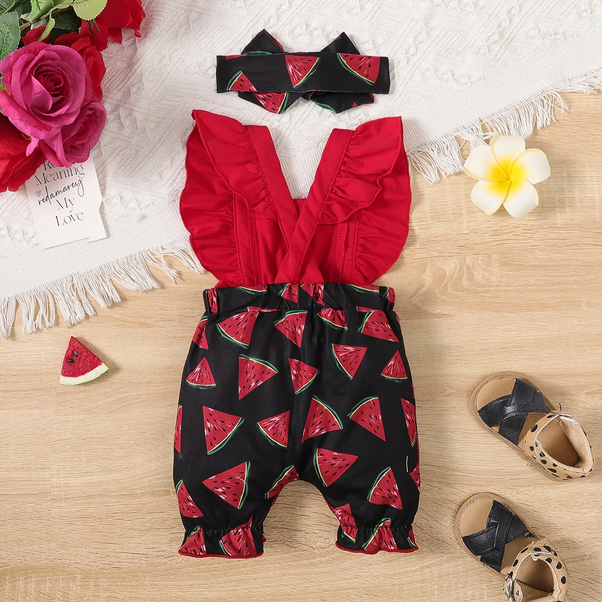 2pcs Baby Girl Bow Decor Watermelon Print Panel Ruffled Romper with Headband Set Red image 6