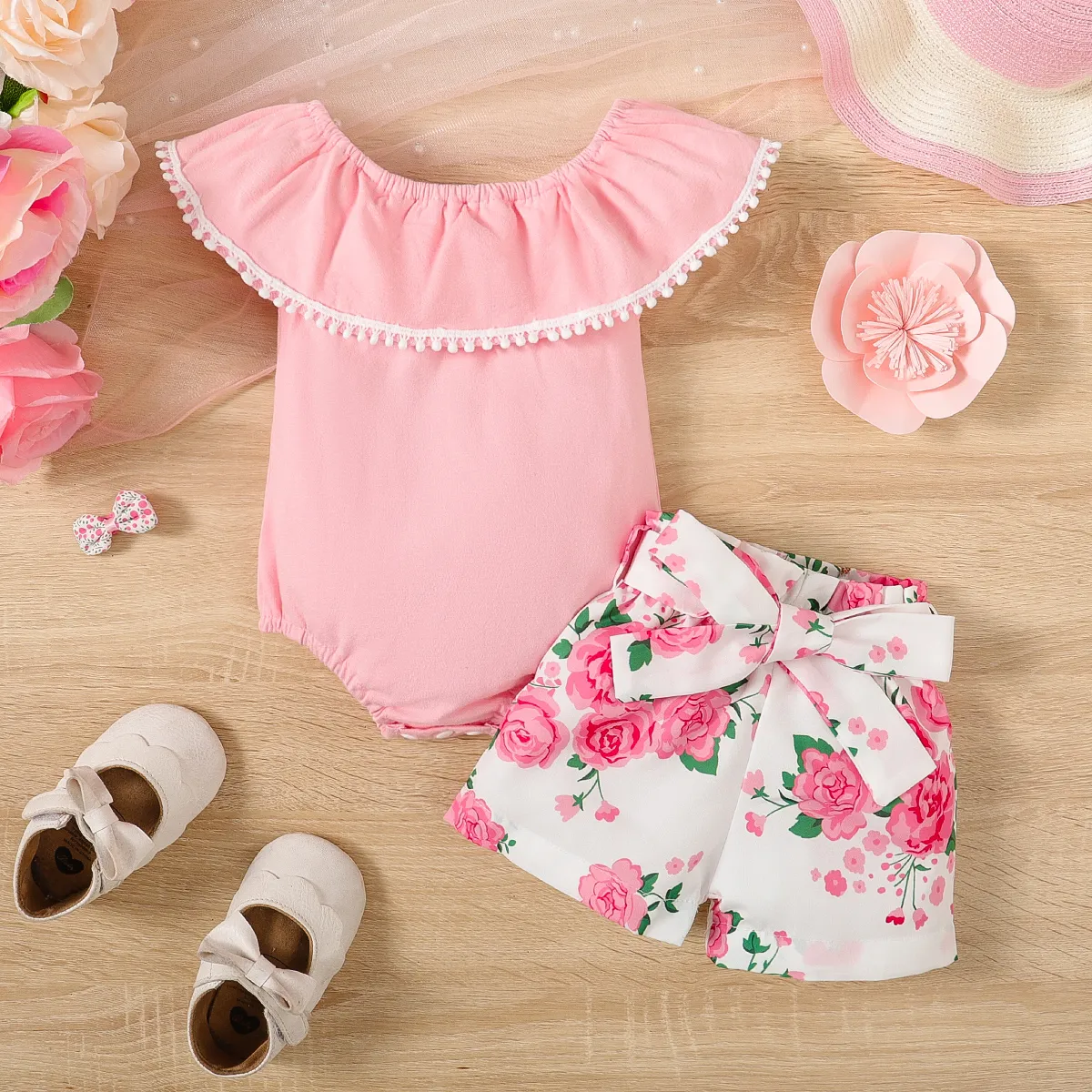 2pcs Baby Girl 95% Cotton Ruffle Solid Romper And Allover Floral Print Belted Shorts Set