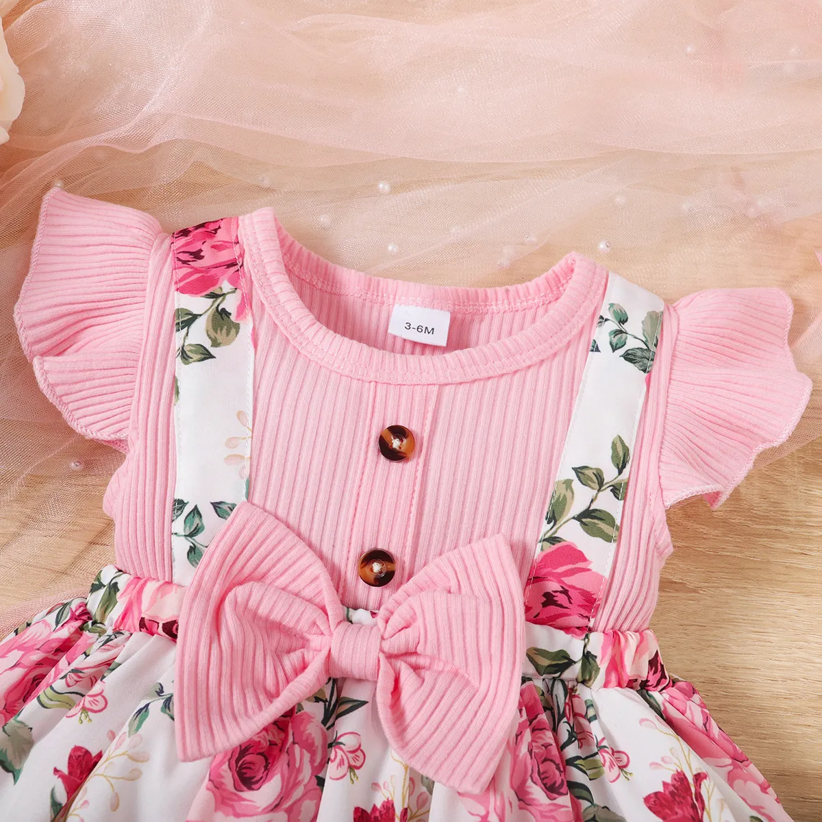 Baby Girl 95% Cotton Floral Print Bow Decor Front Buttons Ribbed Ruffle Dress Pink image 3