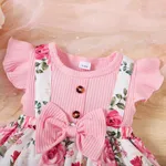 Baby Girl 95% Cotton Floral Print Bow Decor Front Buttons Ribbed Ruffle Dress Pink image 3