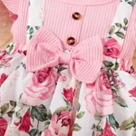 Baby Girl 95% Cotton Floral Print Bow Decor Front Buttons Ribbed Ruffle Dress Pink image 4