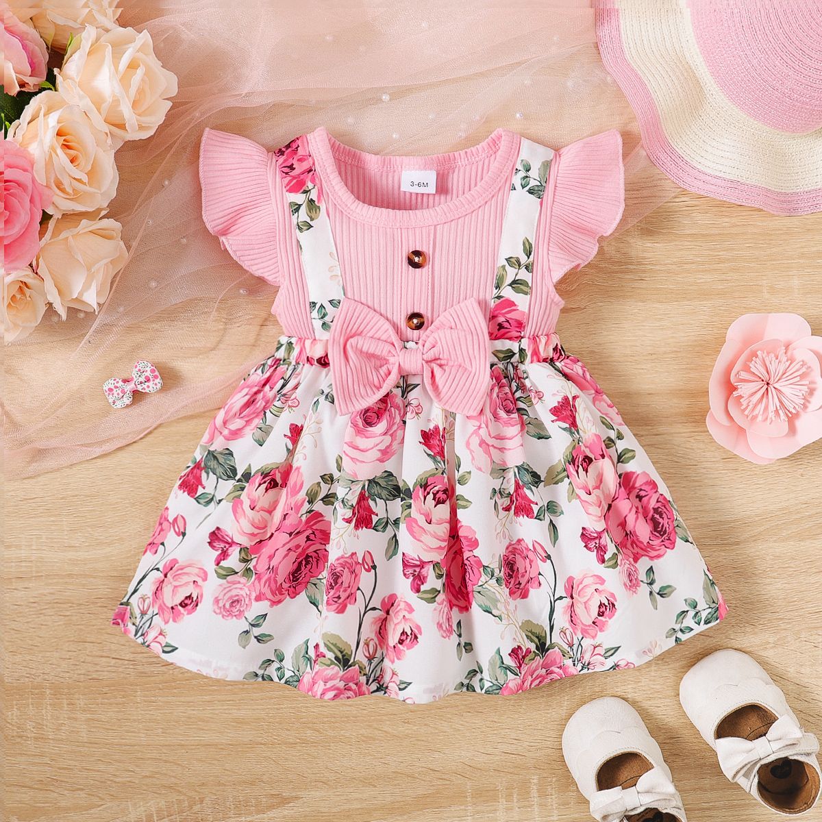 

Baby Girl 95% Cotton Floral Print Bow Decor Front Buttons Ribbed Ruffle Dress