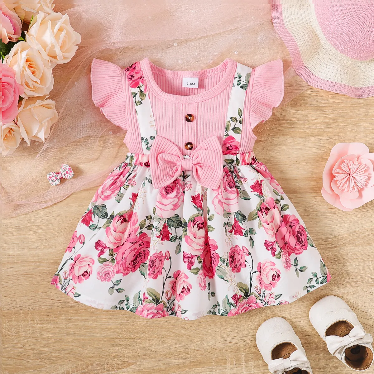 Baby Girl 95% Cotton Floral Print Bow Decor Front Buttons Ribbed Ruffle Dress Pink big image 1