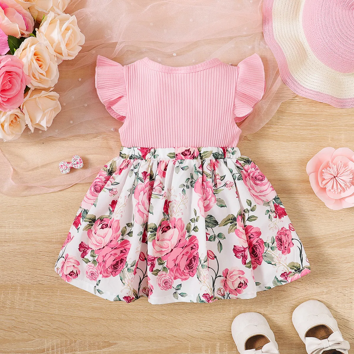Baby Girl 95% Cotton Floral Print Bow Decor Front Buttons Ribbed Ruffle Dress Pink image 2