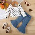 2pcs Baby Girl 100% Cotton Heart Print Smocked Top and 95% Cotton Flared Jeans Set   image 1
