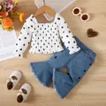 2pcs Baby Girl 100% Cotton Heart Print Smocked Top and 95% Cotton Flared Jeans Set   image 3