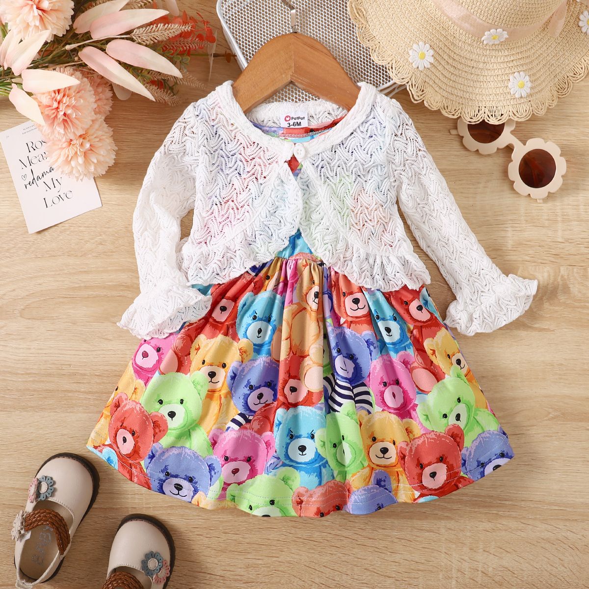 

2pcs Baby Girl 100% Cotton Hollow Ruffle Long-sleeve Cardigan and Allover Multicolor Bears Print Sleeveless Dress Set