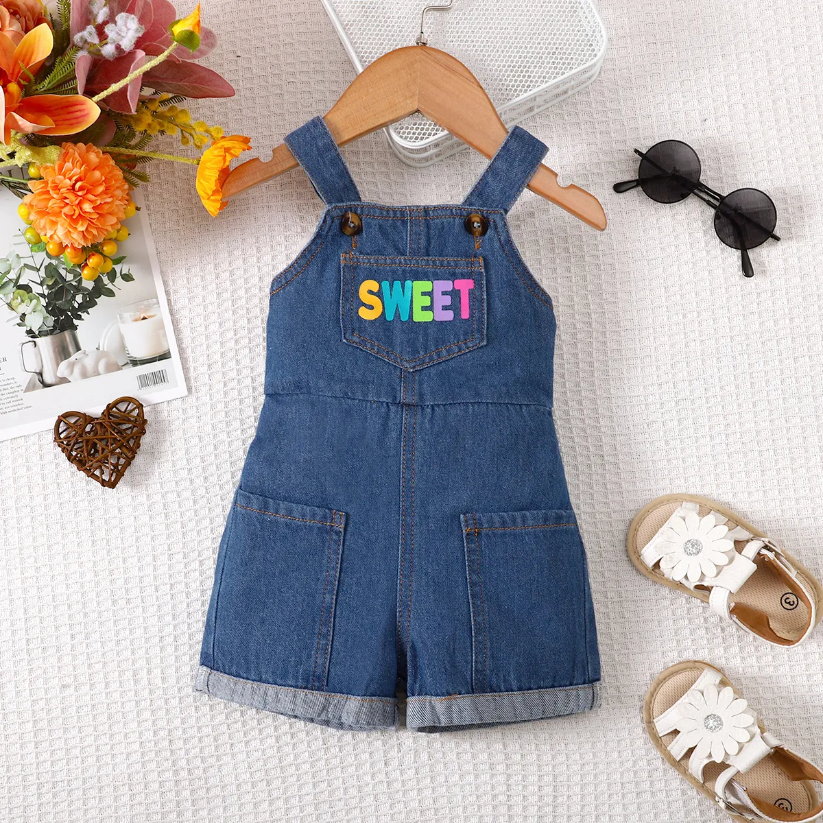 Baby Girl 95% Cotton Front Buttons Pockets Letters Print Strappy Overalls