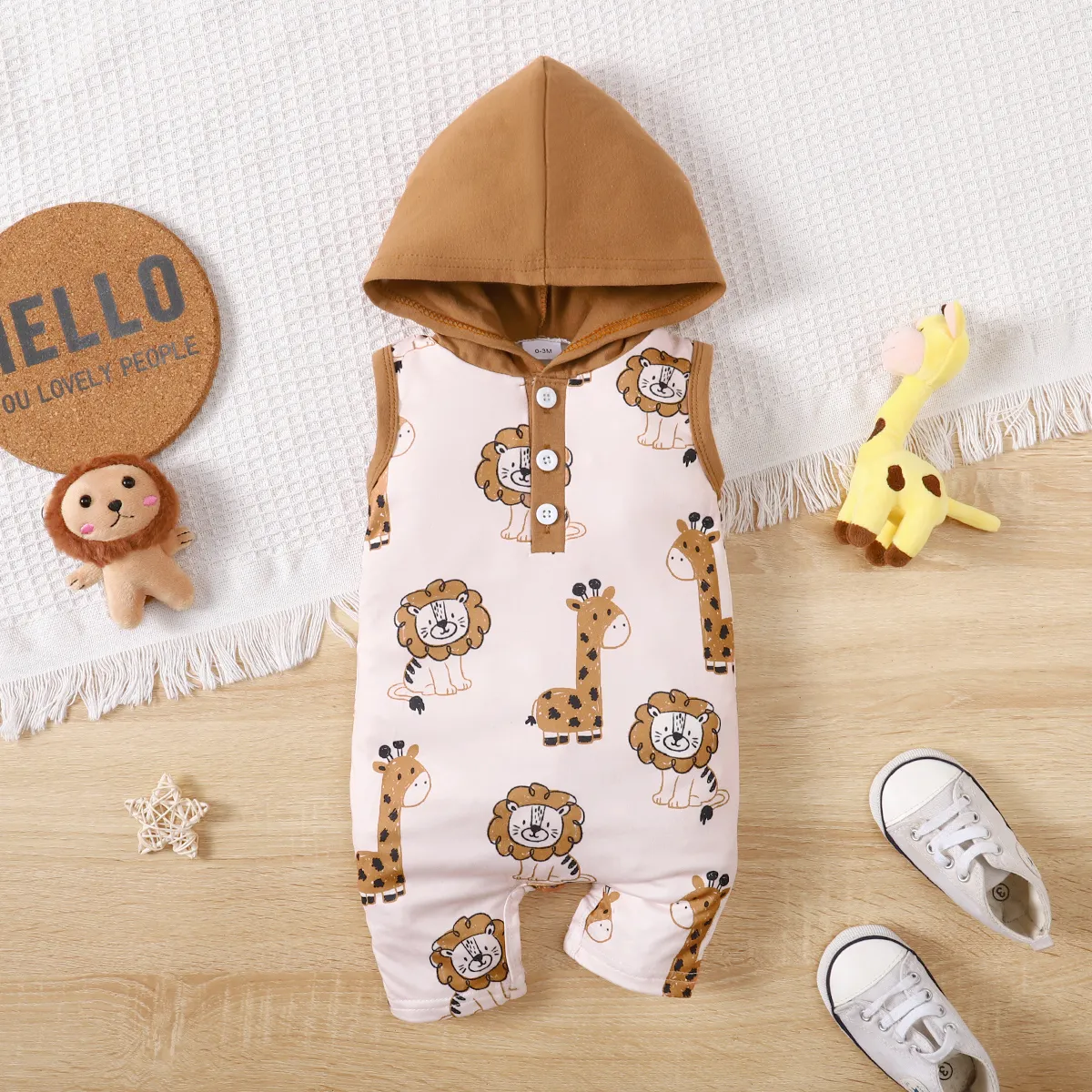 Baby Boy Front Buttons Allover Lions Print Sleeveless Hooded Romper   big image 1