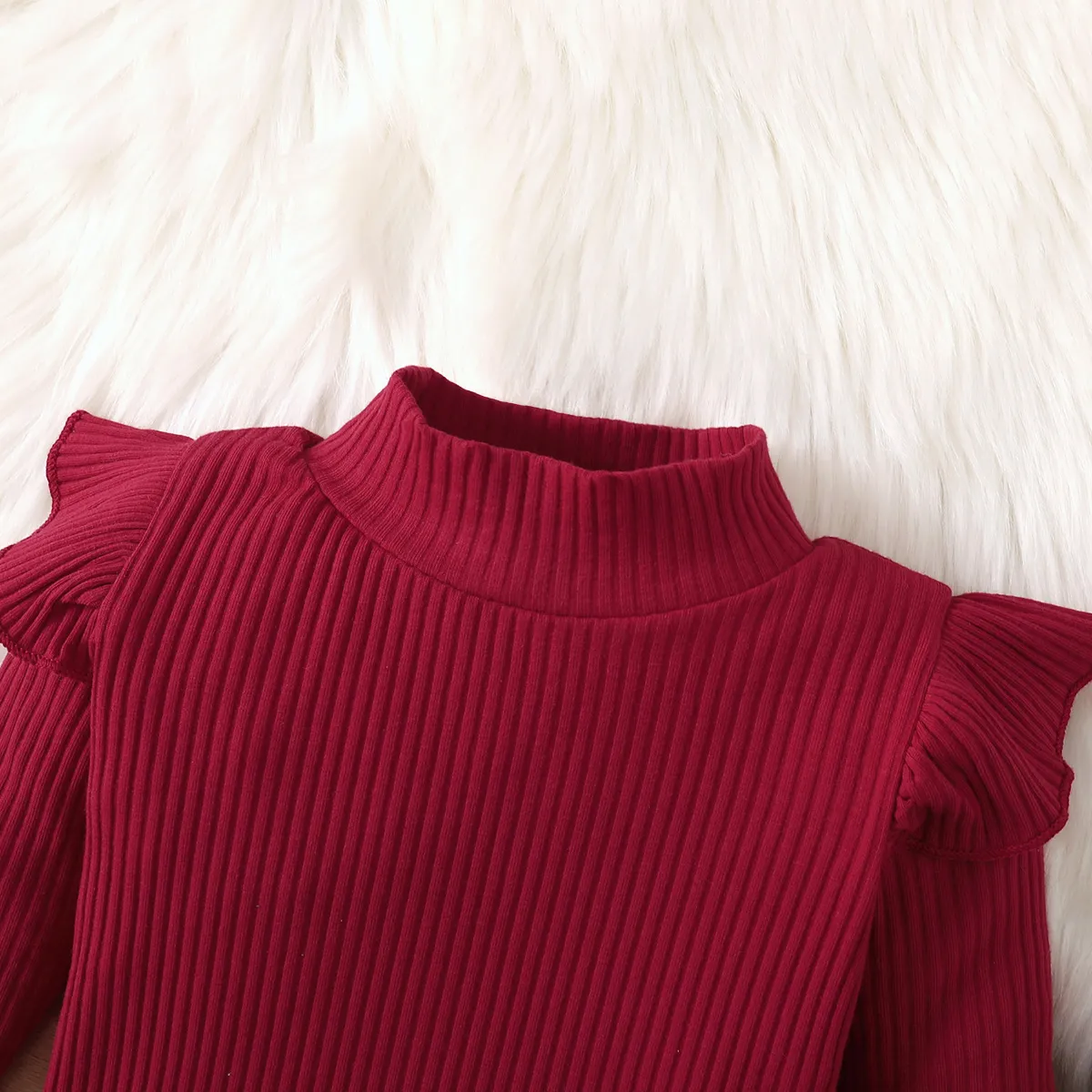 2pcs Baby Girl 95% Cotton Ribbed Solid Ruffle Long-sleeve Top and Plaid Bow Decor Strappy Skirt Set  image 4