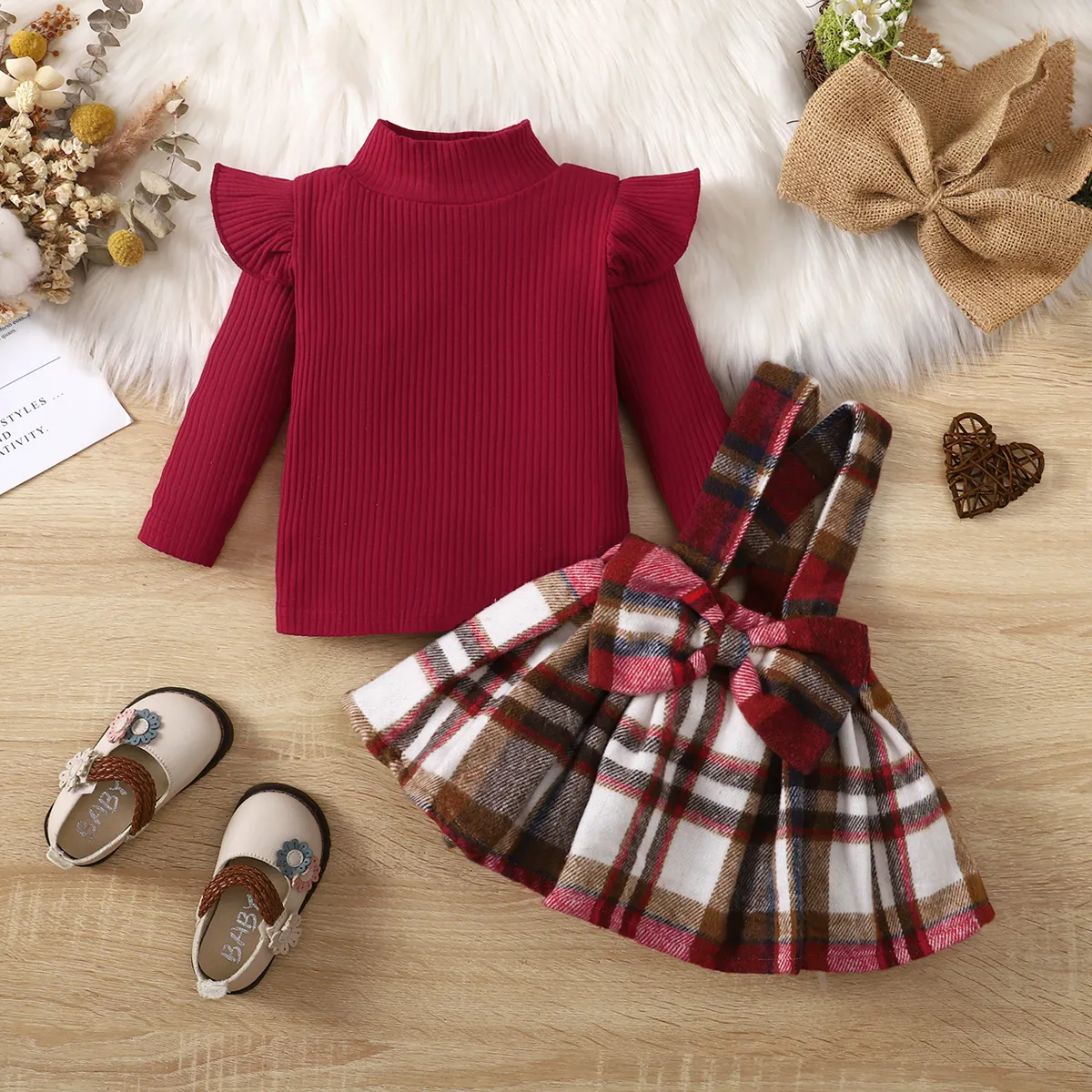 2pcs Baby Girl 95% Cotton Ribbed Solid Ruffle Long-sleeve Top and Plaid Bow Decor Strappy Skirt Set