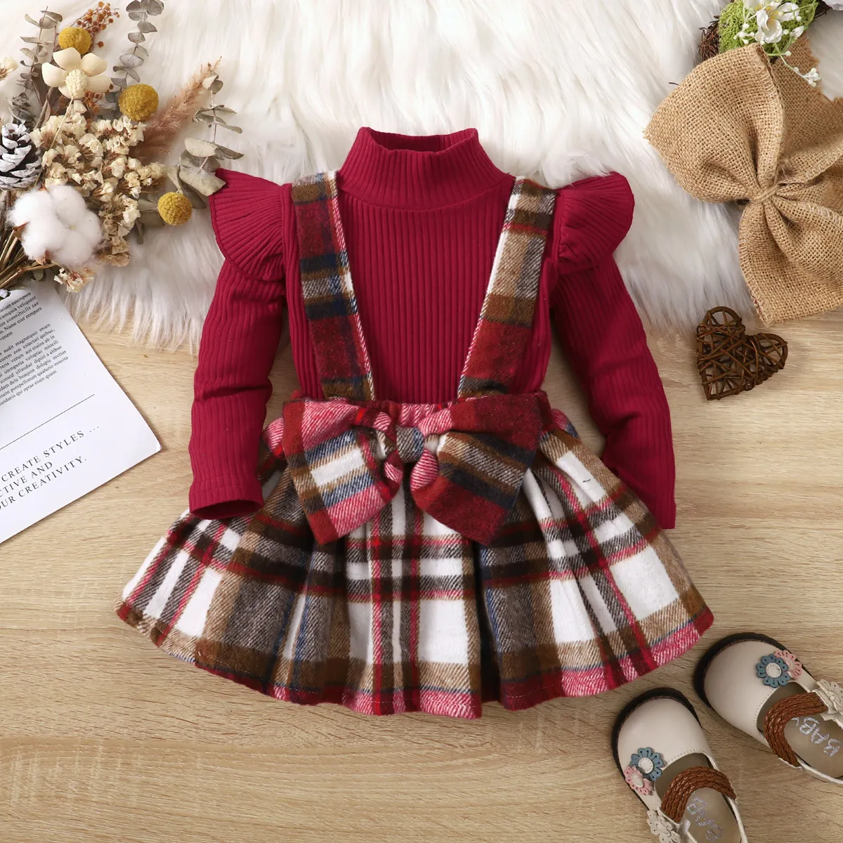2pcs Baby Girl 95% Cotton Ribbed Solid Ruffle Long-sleeve Top and Plaid Bow Decor Strappy Skirt Set  big image 1