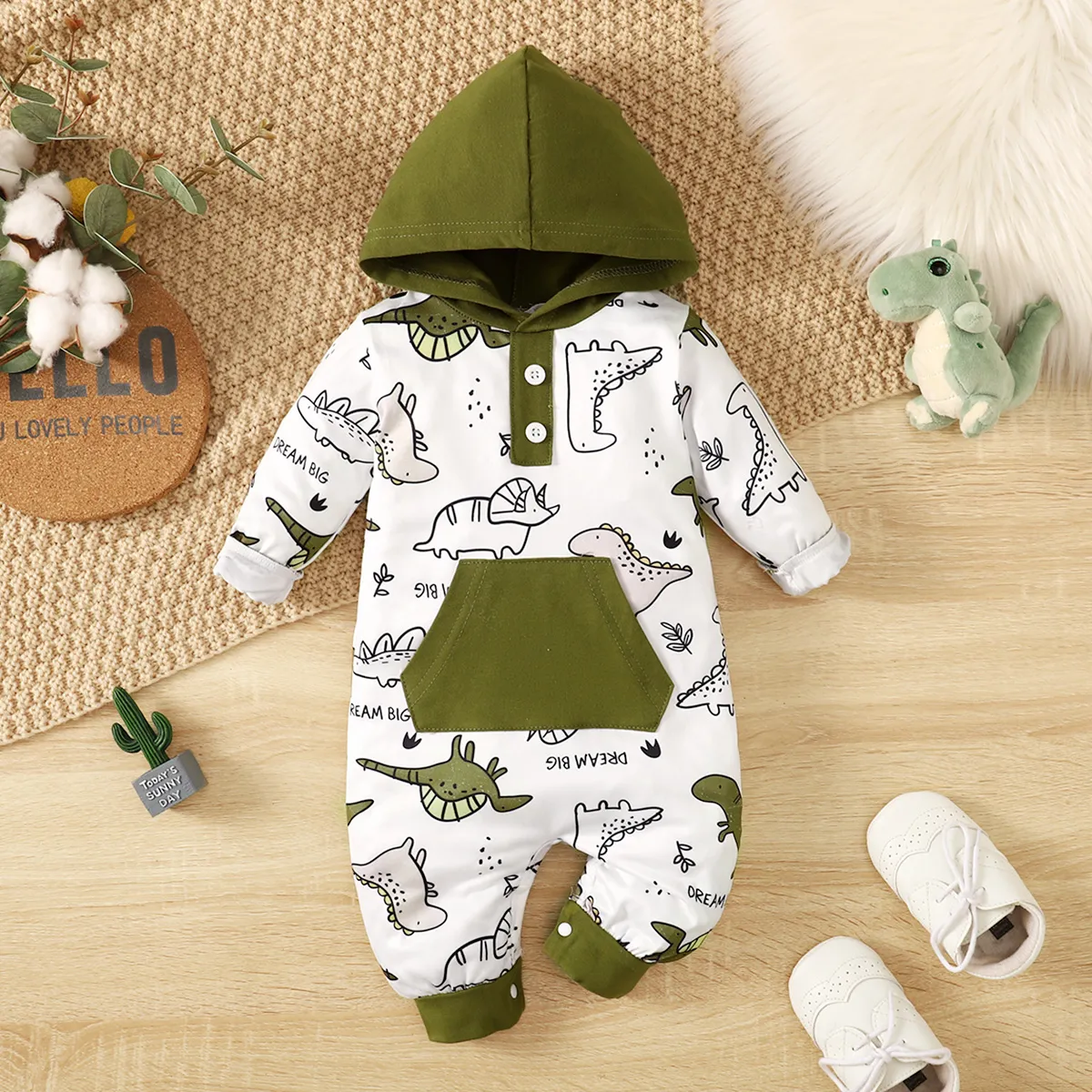 Baby Boy Buttons Front Dinosaur Pattern Long-sleeve Hooded Jumpsuit